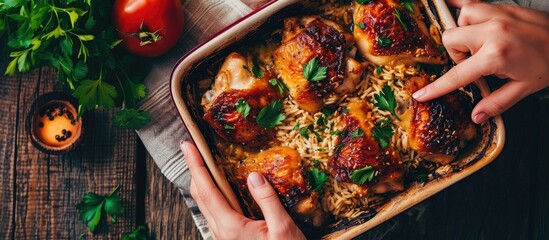Baked chicken thigh with rice, cheese, soy sauce, fresh herbs, and woman's hands. - obrazy, fototapety, plakaty