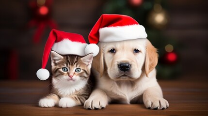 Fototapeta na wymiar A heartwarming scene capturing a playful kitten and a puppy sitting side by side, wearing adorable red Santa hats, as they joyfully celebrate the spirit of Christmas.