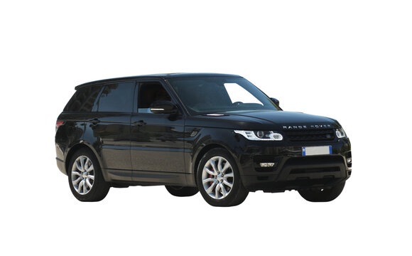 Black car isolated on white, RANGE ROVER SPORT png on transparent background.