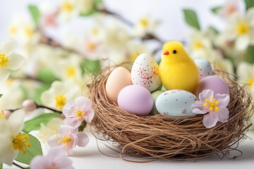 Fototapeta na wymiar Easter eggs in a nest with flowers, depicts colorful eggs nestled in a bird's nest, surrounded by vibrant flowers. Perfect for Easter-themed designs, spring holiday promotions, and seasonal greeting 