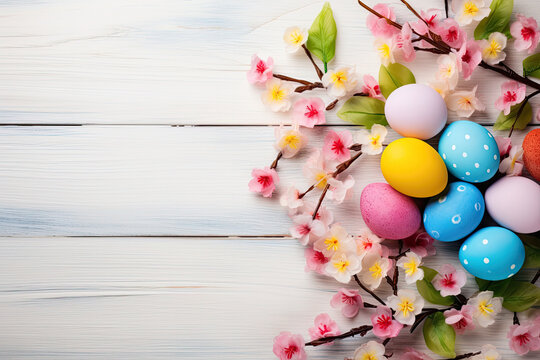 Many colorful eggs and flowers arranged on a white wooden background. for Easter, spring, farm, or food-themed designs and projects. Adds a vibrant and cheerful touch.Easter holiday card concept 
