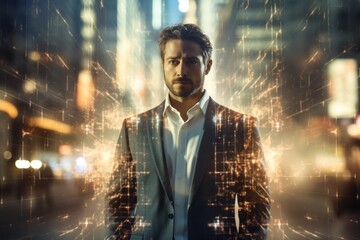 People in the city interact with digital screens in an overlay view. People looking at holographic digital display future technology and living in a big city