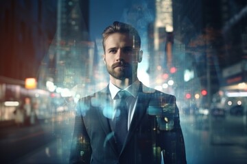 People in the city interact with digital screens in an overlay view. People looking at holographic digital display future technology and living in a big city