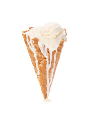Melting ice cream in wafer cone isolated on white