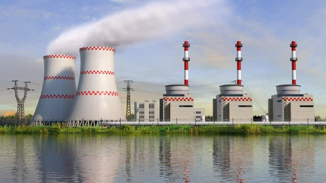 Nuclear power plant with cooling towers and several reactors. Seamless loopable 3d animation
