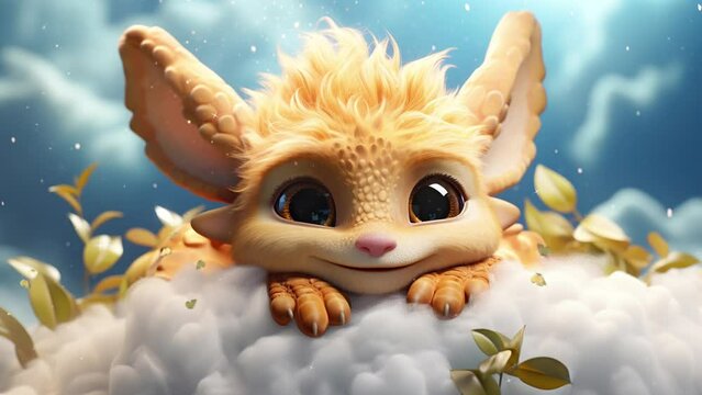 Lullabies Cute Baby Dragon. 4K Ultra HD Animated Looping Video Background.