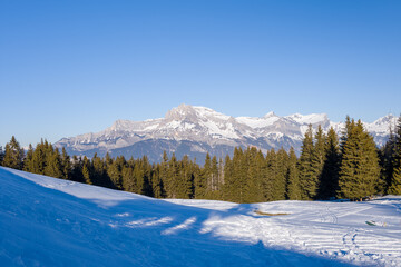 Mont Blanc Massif in Europe, France, Rhone Alpes, Savoie, Alps, in winter on a sunny day.
