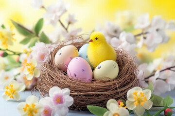 Obraz na płótnie Canvas Easter eggs in a nest with flowers, depicts colorful eggs nestled in a bird's nest, surrounded by vibrant flowers. Perfect for Easter-themed designs, spring holiday promotions, and seasonal greeting 