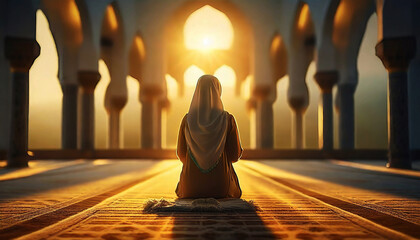 Muslim women praying to God in the mosque.  - obrazy, fototapety, plakaty