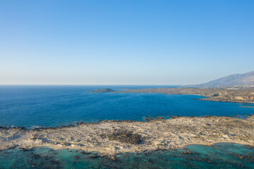 Fototapeta na wymiar The rocky coast of the peninsula , Europe, Greece, Crete, Elafonisi, By the Mediterranean Sea, in summer, on a sunny day.