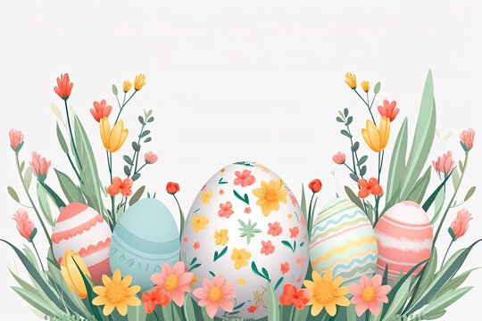 Many colorful eggs and flowers arranged on white background. for Easter, spring, farm, or food-themed designs and projects. Adds a vibrant and cheerful touch.Easter holiday card concept