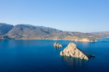 The Islands of Kefali Kavallos and Anavatis , in Europe, in Greece, in Crete, towards Zakros, By the Mediterranean Sea, in summer, on a sunny day.