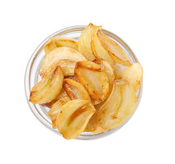 Fried garlic cloves in bowl isolated on white, top view