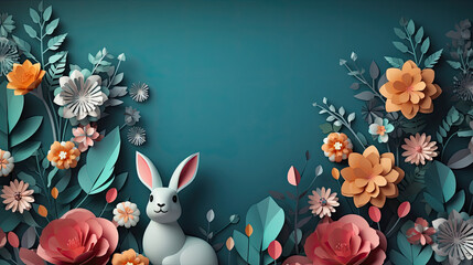 Fototapeta premium Easter bunny with flowers and eggs. depicts a cute bunny surrounded by colorful flowers and Easter eggs.for Happy Easter banner, poster, greeting card.