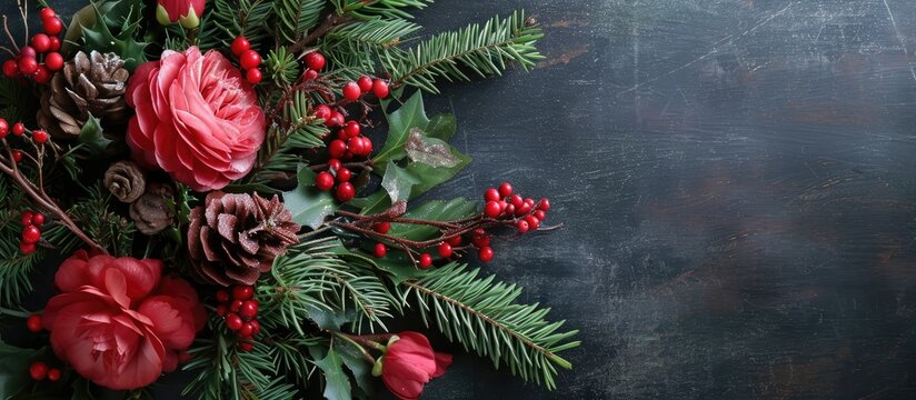December greetings on chalkboard with floral embellishment.