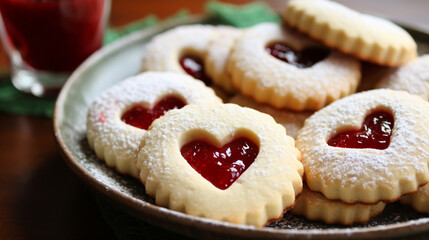 Obraz na płótnie Canvas flour cookies in the shape of a heart with strawberry jam and powdered sugar on a silver tray