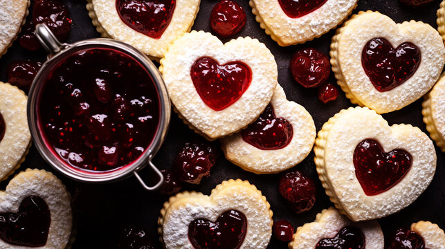 flour cookies in the shape of a heart with strawberry jam and powdered sugar on a silver tray