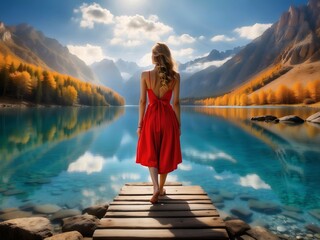Woman in red dress standing on wooden pier by the lake surrounded with mountains, beauty and...