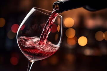 Pouring red wine into a glass against a bokeh light background - obrazy, fototapety, plakaty