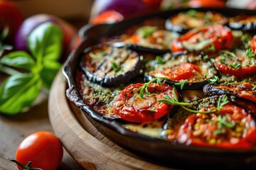 Baked Eggplants with Cheese, Tomatoes and Green Sauce, Italian Parmigiana with Grilled Aubergine - obrazy, fototapety, plakaty