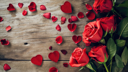 Red roses on a wooden background, perfect for romantic-themed designs, wedding invitations, Valentine's Day cards, and floral-related projects. The vibrant colors and rustic feel add a charming touch.