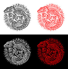 gecko - tribal decorative with ethnic design (black, red) - obrazy, fototapety, plakaty