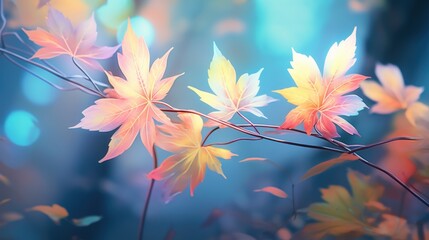  a branch with yellow and red leaves in the foreground and a blurry background of blue, green, and yellow leaves in the foreground.