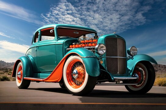 Beautiful hot rod vintage teal and orange car, automotive wallpaper, background, template © Karlo