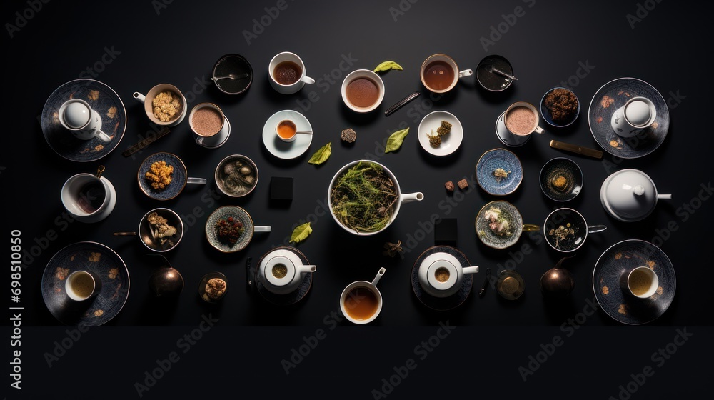 Poster a black table topped with lots of cups and saucers filled with different types of teas and saucers.