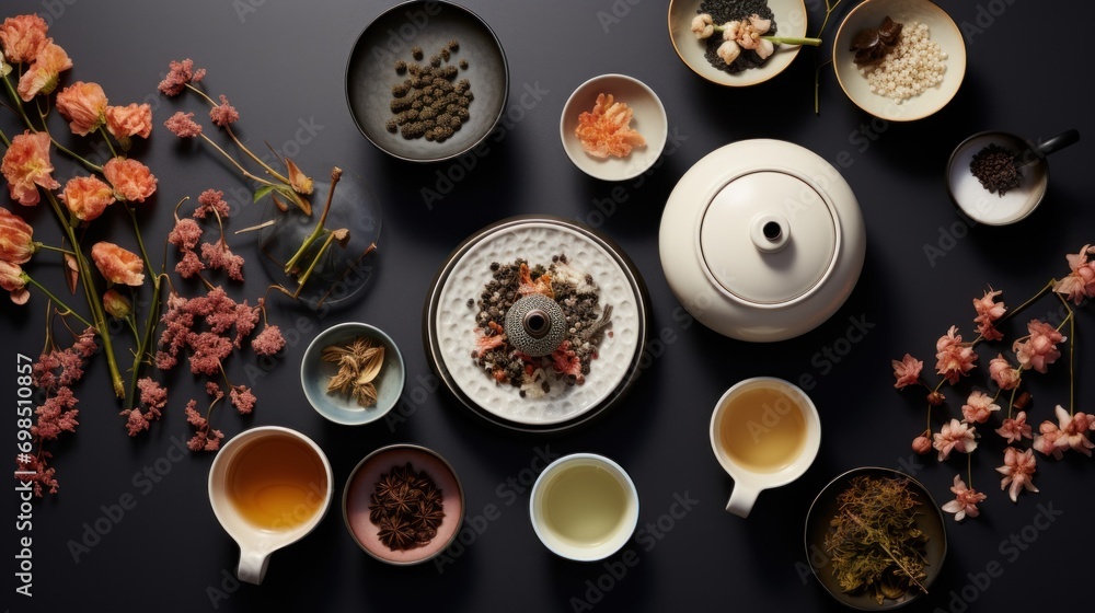 Poster a table topped with cups and saucers filled with different types of teas and saucers next to flowers
