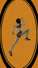 Young athletic woman, runner with ancient drawn head, athlete in motion, running over yellow...