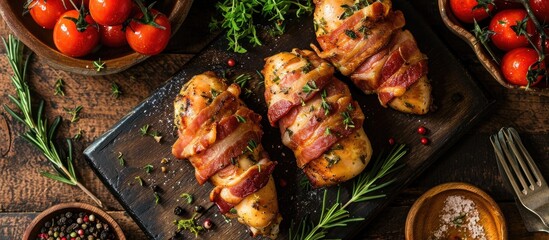 Bacon-wrapped chicken breasts on table - obrazy, fototapety, plakaty