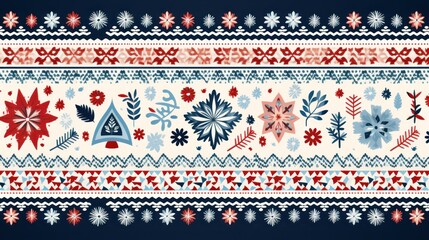  a red, white, and blue knitted pattern with snowflakes and stars on a dark blue background.