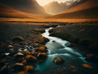 Obraz premium Beautiful landscape sunset scenery, nature background with mountains, scenic wallpapers