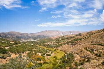 Fototapeta na wymiar The green countryside at the foot of the rocky mountains , in Europe, Greece, Crete, towards Ierapetra, By the Mediterranean Sea, in summer, on a sunny day.