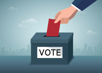 Vote ballot box. People putting pepper vote into the box. Election concept. Democracy, Freedom of speech, justice voting and opinion. Referendum and poll choice event. Vector illustration
