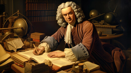 Obraz premium An illustration showing Newton, working on his book 