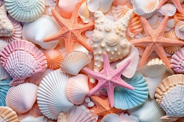 Starfish and various seashells macro background. Sshells have different shapes, colors and textures, creating stunning pattern. Mermaidcore aesthetic, marine life, fantasy, fashion and beauty concept
