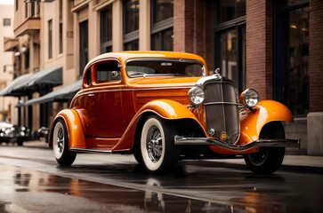 Beautiful hot rod vintage orange car, automotive wallpaper, background, template