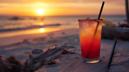 AI illustration of a cocktail on a table overlooking a beautiful ocean and sunset.