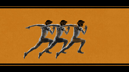 Young athletic man, runner with ancient drawn head, athlete in motion, running over orange...