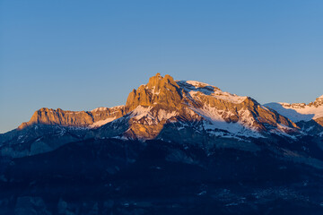Aup de Véran, Tete du Colonney, Aiguille Rouge and Varan at sunset in Europe, France, Rhone Alpes, Savoie, Alps, in winter, on a sunny day.