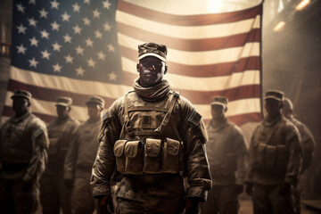 Fototapeta premium American Army Rangers against the background of the US flag