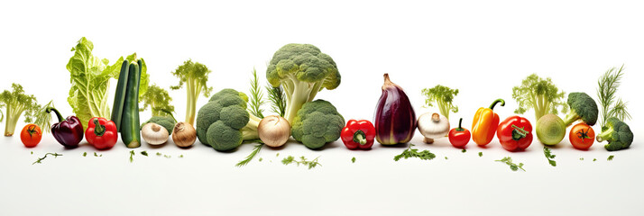 A variety of vegetables arranged horizontally in a line. Design elements with vegetables on a white background. - obrazy, fototapety, plakaty