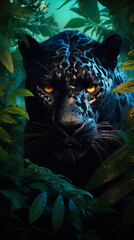 The mysterious portrait of anthropomorphic panther in the jungle