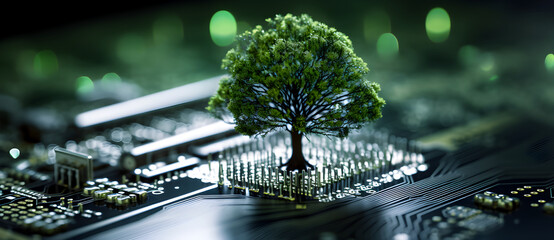 A tree growing out of a motherboard, symbolizing the connection between nature and technology