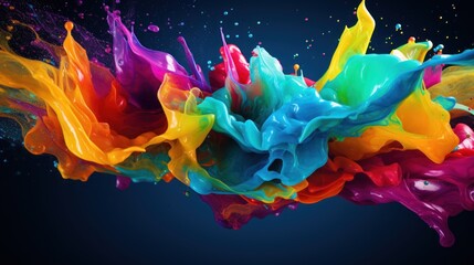  a multicolored stream of paint flying through the air on a black background with space for text or image.