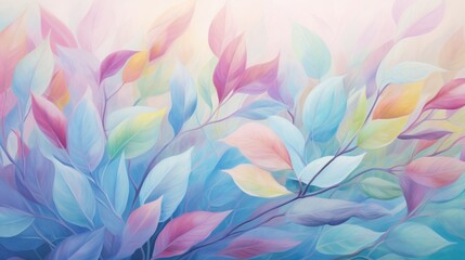  a painting of a colorful tree with lots of leaves in pastel blue, pink, yellow and green colors.