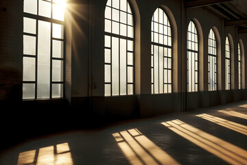 Rays of sunlight enter a vast dark room through the windows.