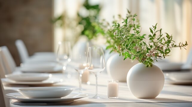  a close up of a table with a vase with a plant in it and a glass of wine in front of it.